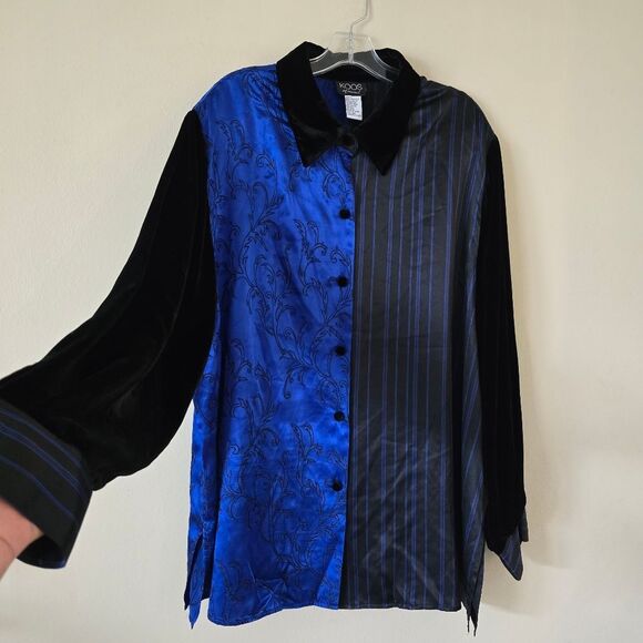 KOOS Of Course Blue and Black Patterned Button-Up Shirt Size 2X 100% Silk - Picture 5 of 9
